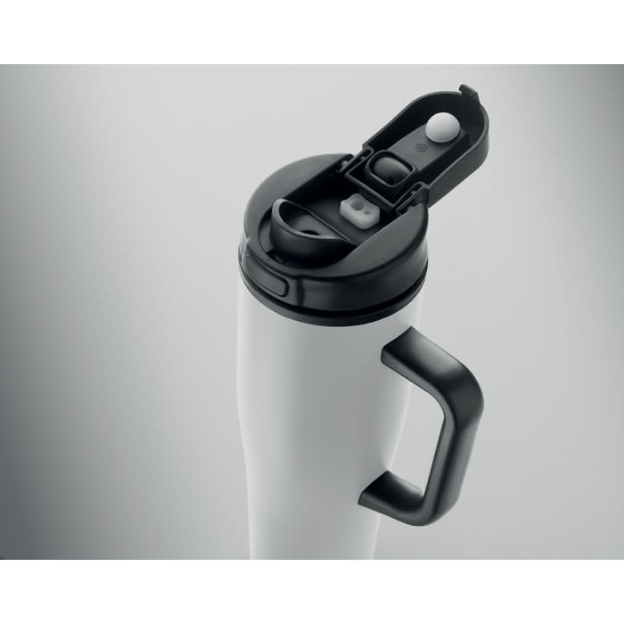 A drink bottle with a sleek white body and black handle, featuring a lid with a spout and button.