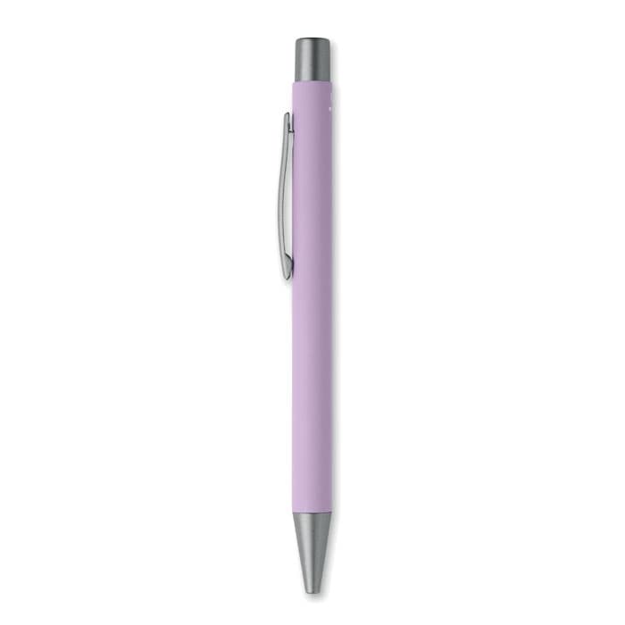 A pen in a soft purple colour with a silver clip and tip, featuring a simple design.