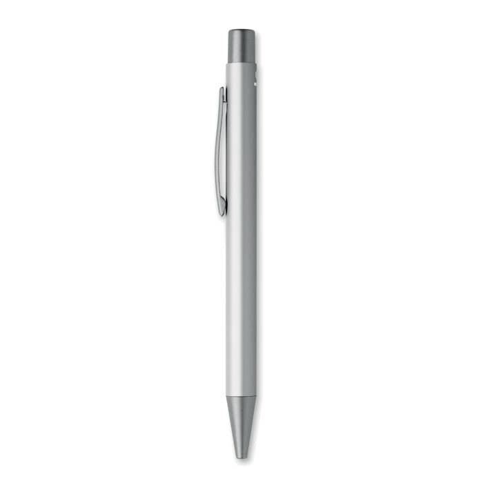 A silver pen with a smooth barrel and clip, featuring a rounded tip and a minimalist design.