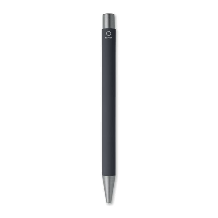 A pen with a sleek black body and a silver tip, featuring a logo on the upper part.