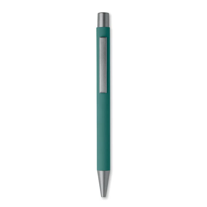 A green pen with a silver clip and polished tip. The pen has a sleek, minimalist design.