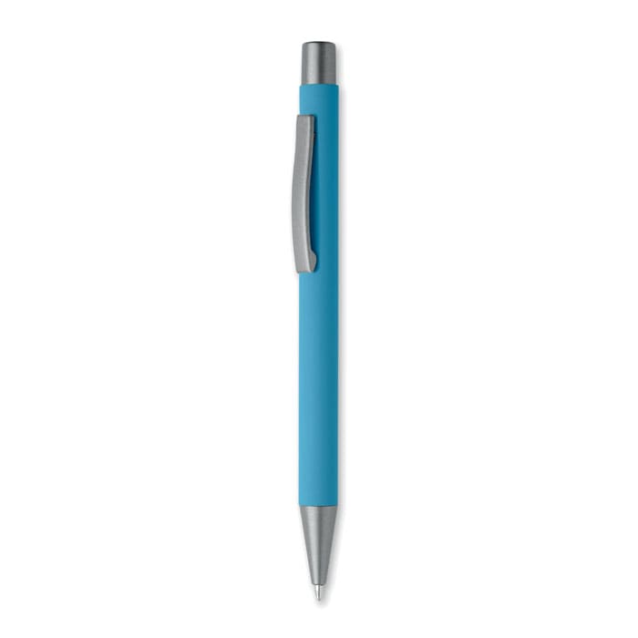 A blue pen with a metallic clip and tip, featuring a smooth, textured grip. It has a stylish, minimalist design.