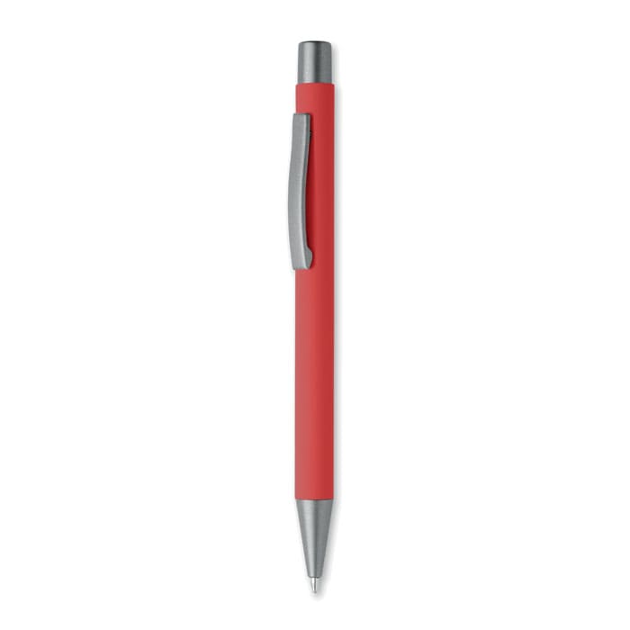 A red ballpoint pen with a silver clip and tip, featuring a smooth rubberised grip.