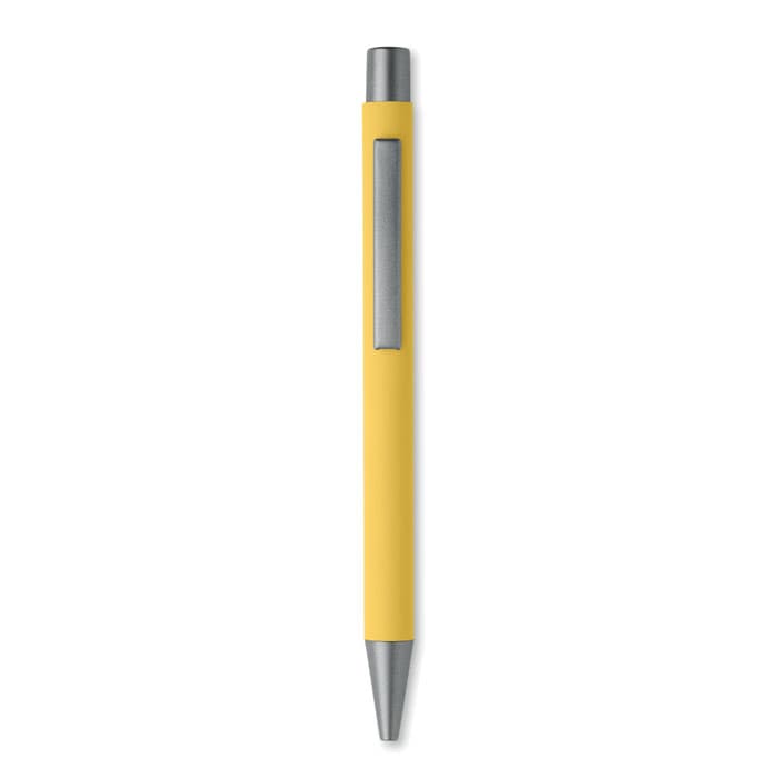 A yellow pen with a silver clip and tip. The pen has a sleek, minimalist design.
