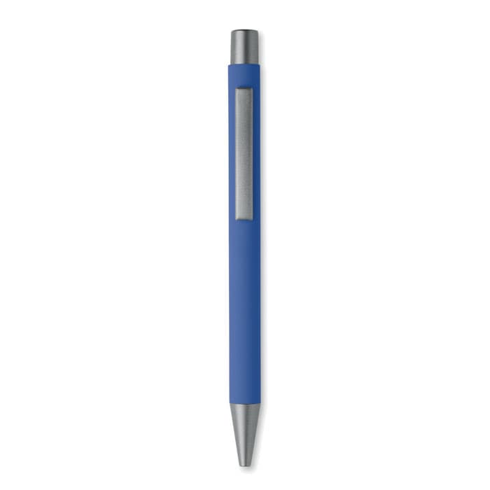 A pen with a blue rubber grip and a silver clip, featuring a sleek silver tip.