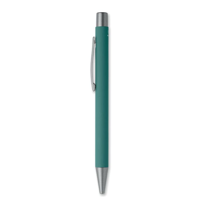 A teal pen with a silver clip and tip, featuring a sleek, minimalist design.