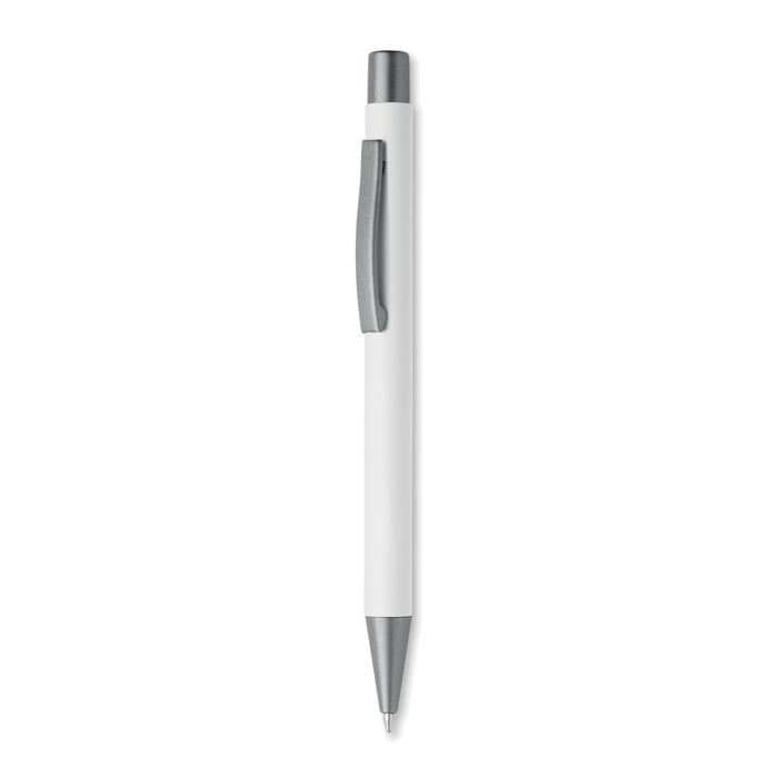 A white ballpoint pen with a silver clip and nib, featuring a sleek, minimalist design.
