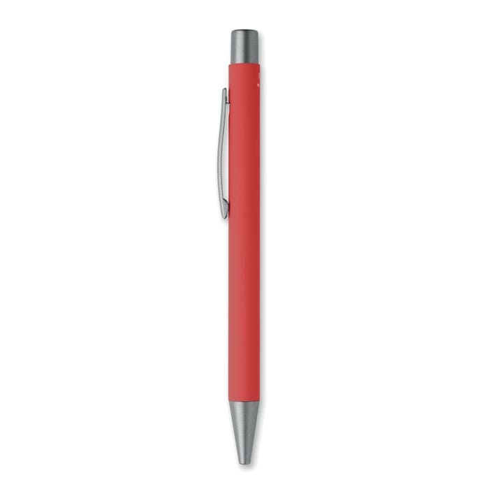 A red pen with a silver clip and tip, featuring a sleek design and a smooth finish.