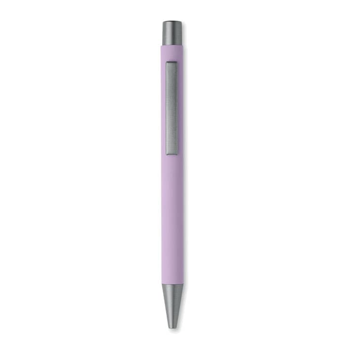 A pen with a purple rubber grip and a silver clip, featuring a sleek metallic tip and smooth design.