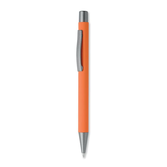 An orange pen with a silver clip and a sleek design, featuring a metallic barrel and a retractable tip.