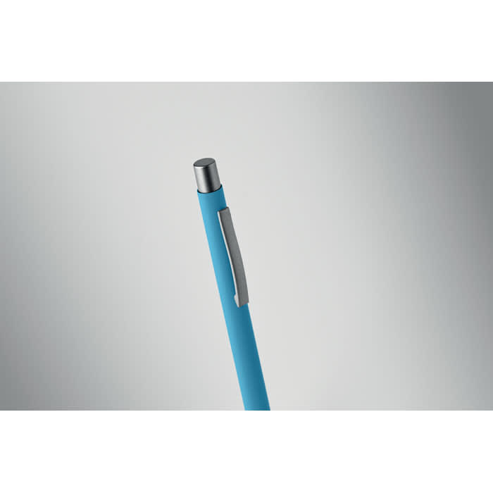 A blue pen with a silver clip, featuring a sleek design and a smooth finish.