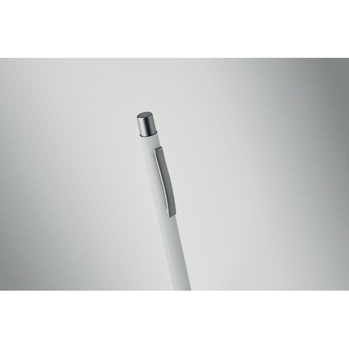 A pen with a sleek white body and a silver clip, featuring a smooth, rounded tip.