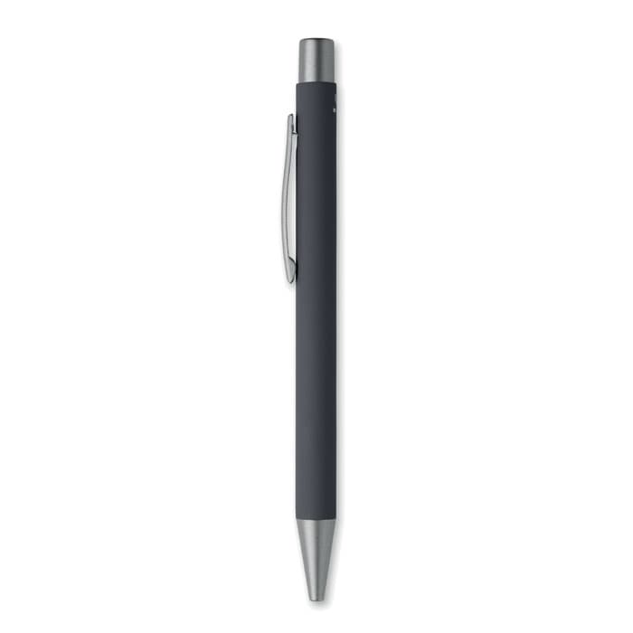 A pen with a sleek black body and a silver clip, featuring a metal tip for writing. It has a simple branding logo.