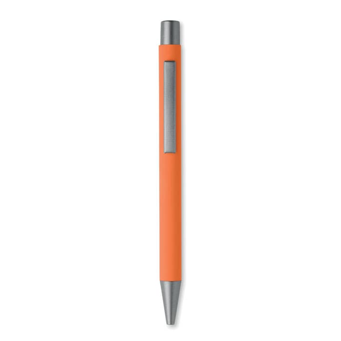 An orange pen with a silver clip, featuring a sleek, minimalist design.