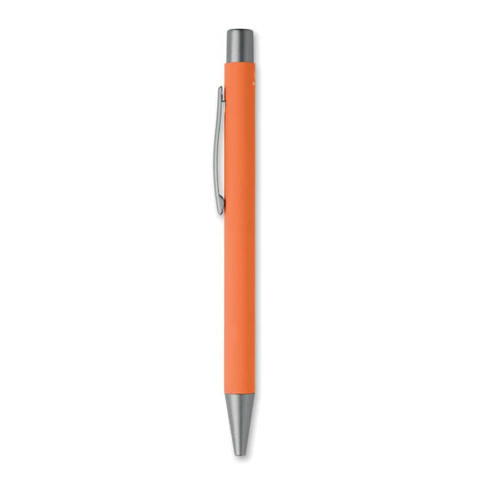 An orange pen with a sleek design and silver accents, featuring a clip for easy attachment.