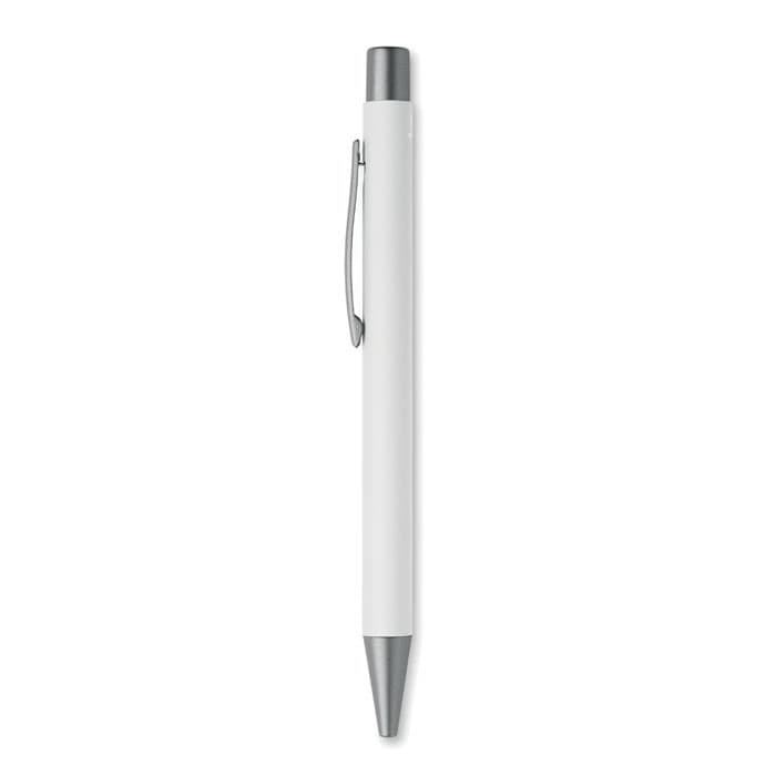 A white pen with a silver clip and tip, featuring a simple design and a smooth finish.