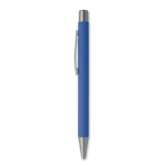 A blue pen with a silver clip and tip, featuring a smooth, sleek design.
