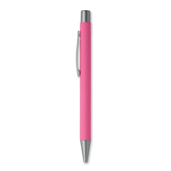 A pen in bright pink with a silver clip and tip, standing upright against a plain background.