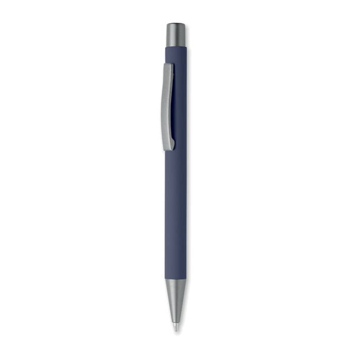 A pen with a navy blue matte finish and a silver clip and tip. It's sleek and simple in design.