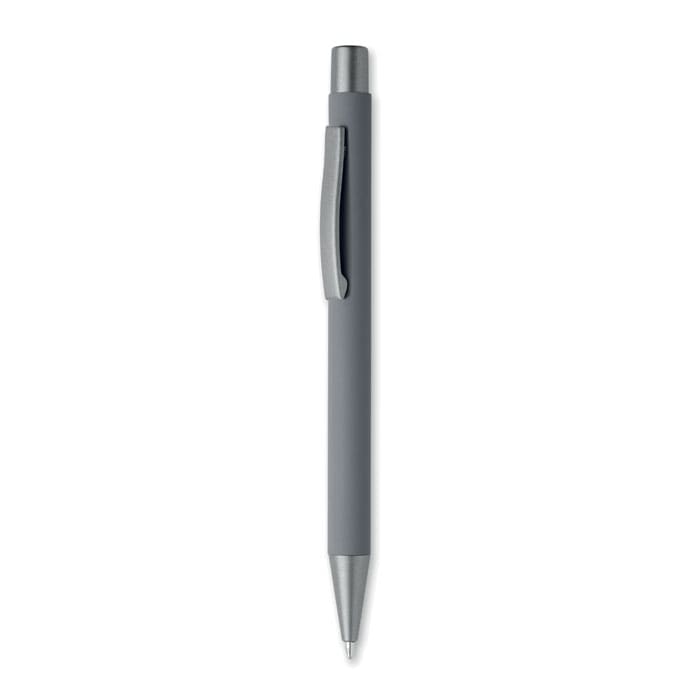 A grey pen with a silver clip and a smooth, minimalist design, featuring a branding logo.
