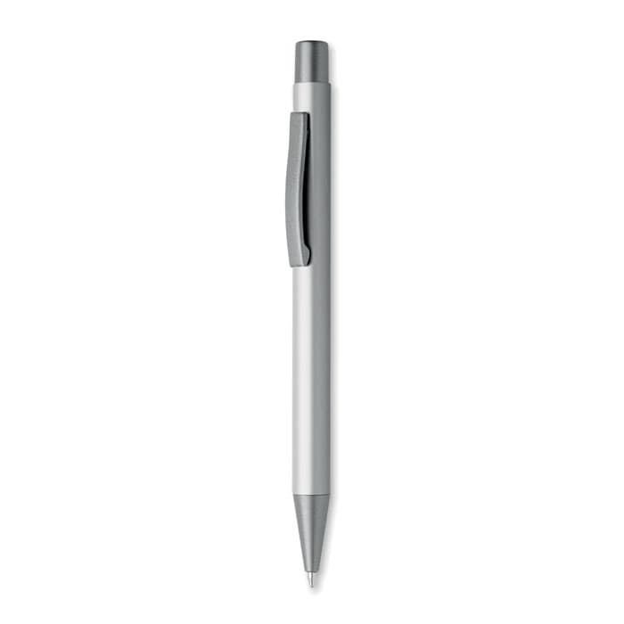 A silver ballpoint pen with a black grip and clip. The pen has a sleek, simple design.