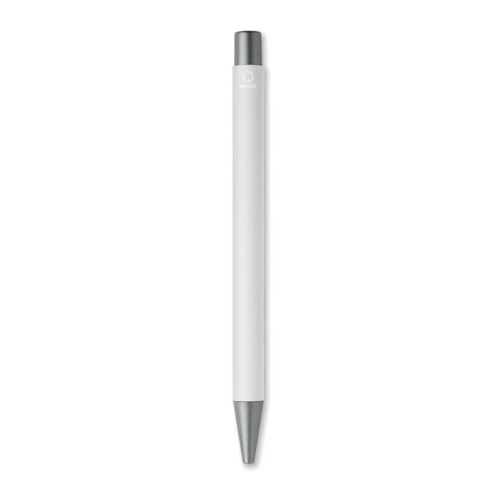 A pen with a white barrel and a silver tip, featuring a simple design and a branding logo.