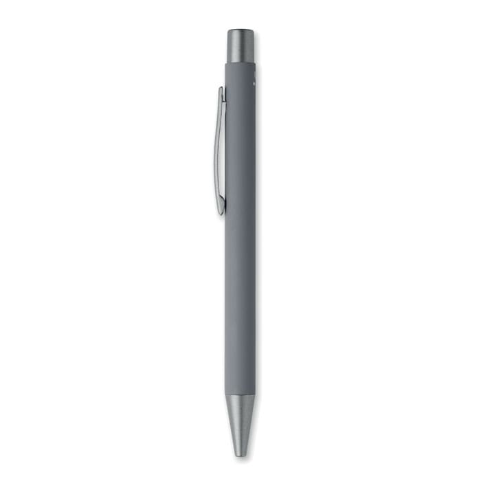 A grey pen with a silver clip and tip, featuring a sleek, minimalist design.