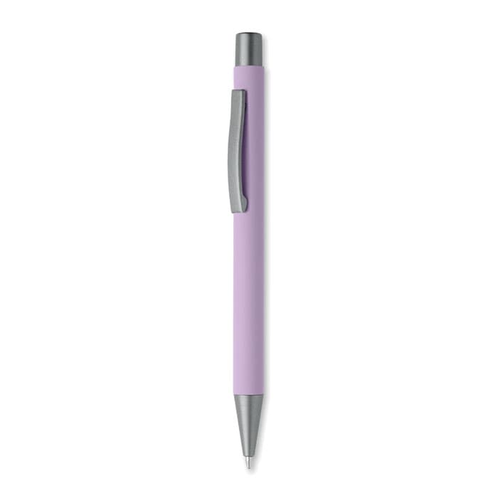 A purple pen with a silver clip and tip, featuring a smooth design. It has a logo on the barrel.