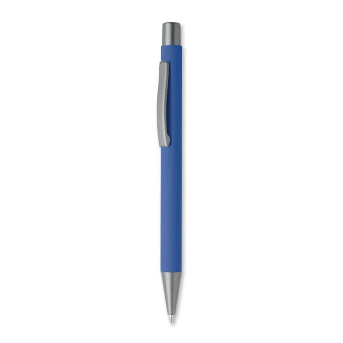 A blue pen with a silver clip and tip, featuring a smooth, sleek design.