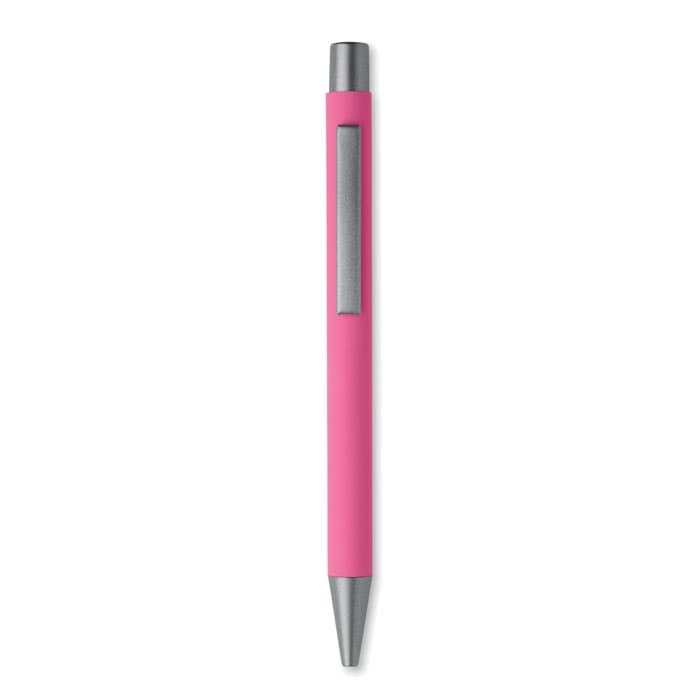 A pink pen with a silver clip and tip, featuring a smooth, sleek design.