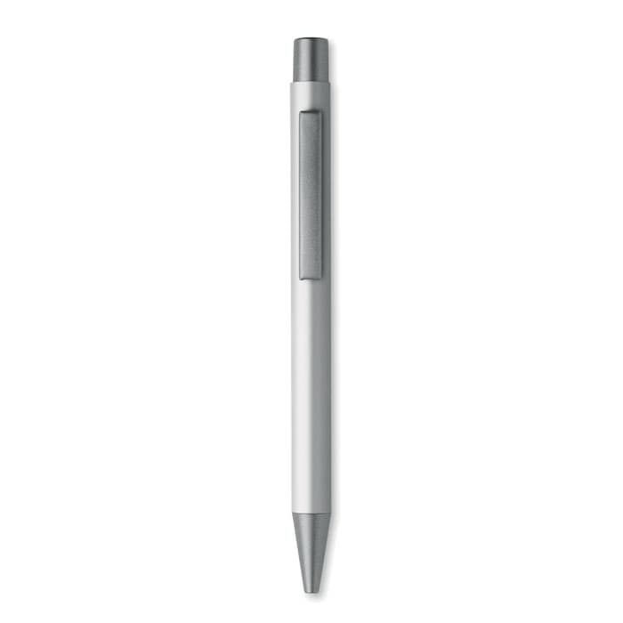A silver pen with a clipped design and a sleek, metallic finish. It features a rounded tip for writing.