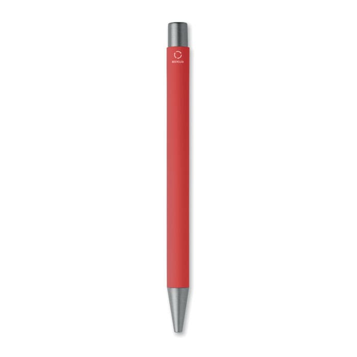 A red pen with a silver tip and a logo on the barrel. The pen has a sleek, minimalist design.