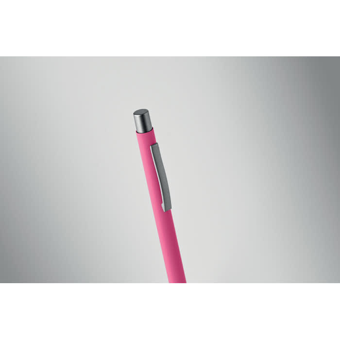 A pink pen with a silver clip, featuring a sleek design against a grey background.
