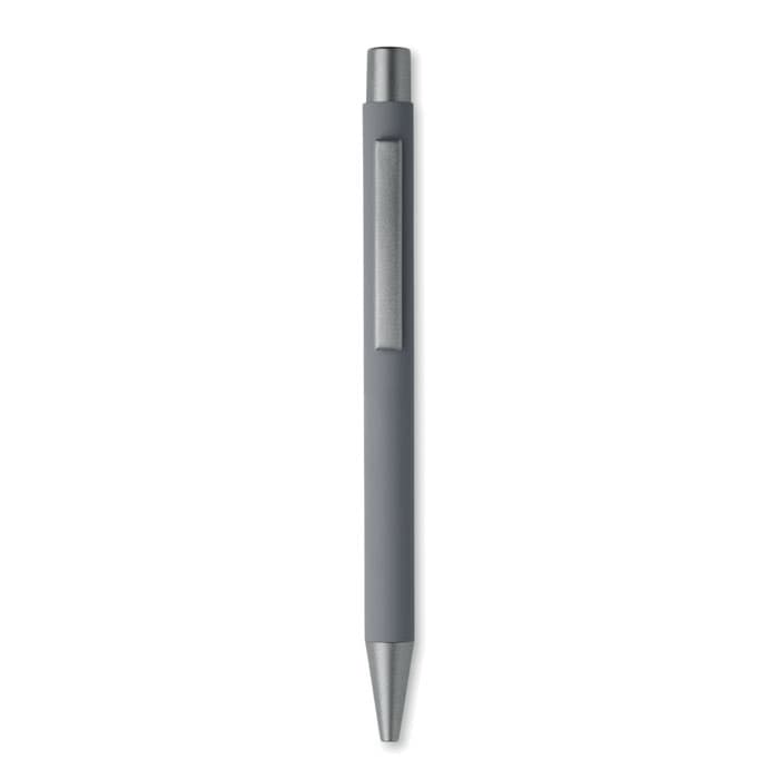 A grey pen with a smooth barrel and a silver clip, featuring a metallic nib.