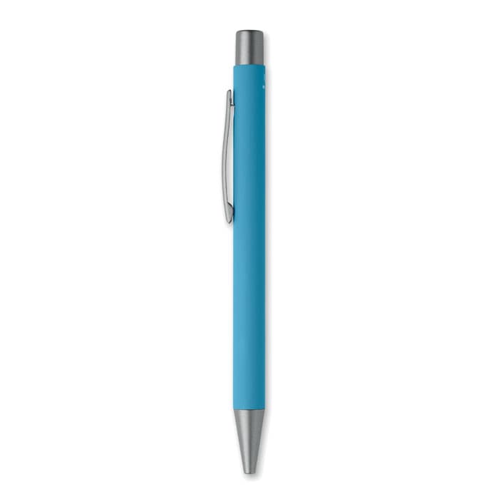 A pen in a bright blue colour, featuring a silver clip and a metal nib. It has a sleek and modern design.