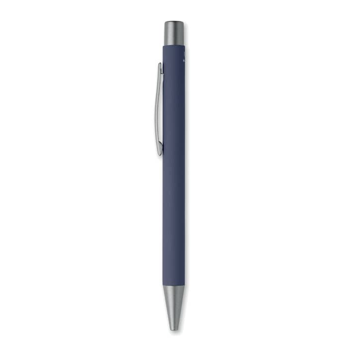 A pen in navy blue with a silver clip and a metallic tip. The design is sleek and minimalist.
