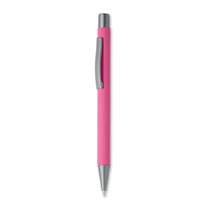 A pink pen with a silver clip and tip, featuring a smooth grip for writing.
