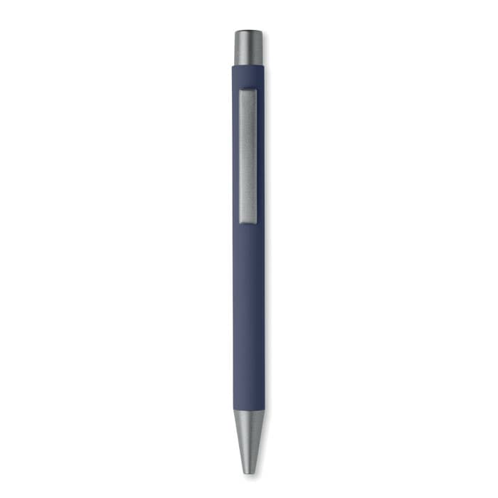 A pen with a blue rubber grip and metallic accents, featuring a sleek design and a logo on the side.