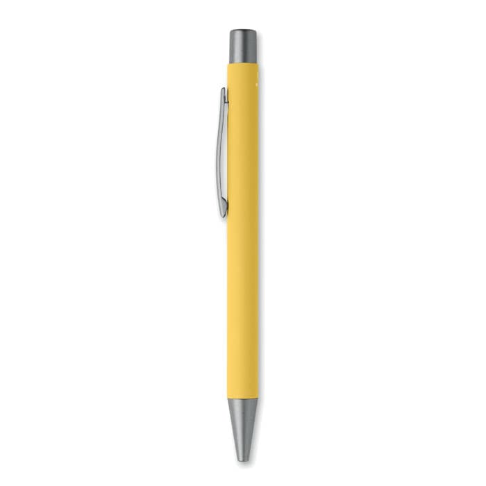 A yellow pen with a silver clip and tip, featuring a sleek, matte finish.