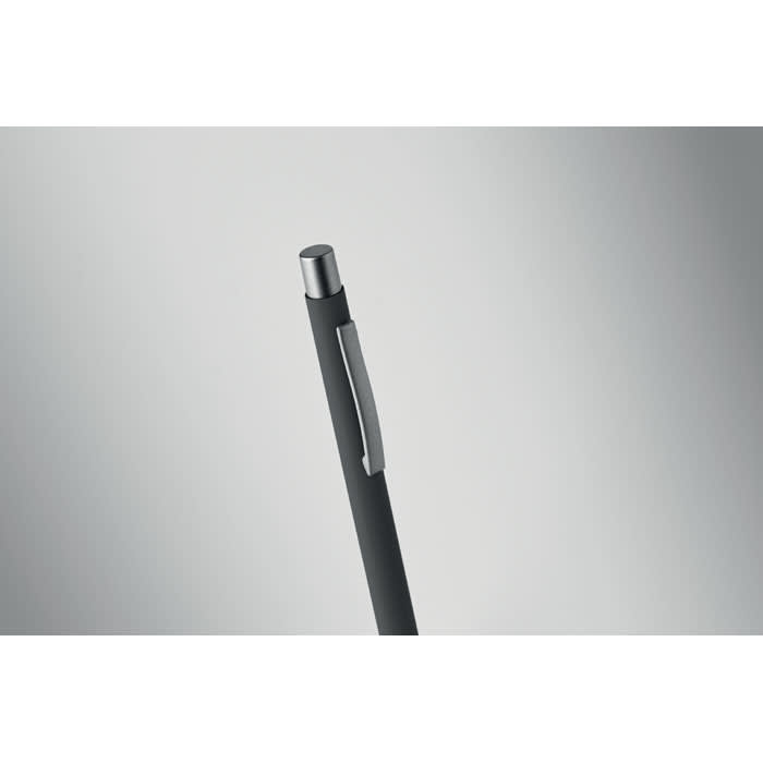 A sleek black pen featuring a silver clip and a minimalist design. It has a modern, sophisticated appearance.