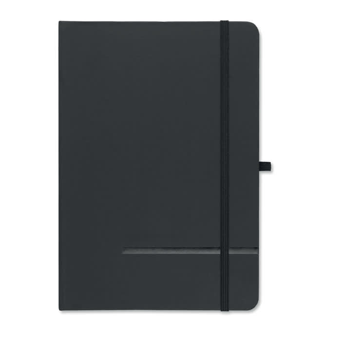 A notebook in black with a textured cover, featuring an elastic closure and a slot for a pen.