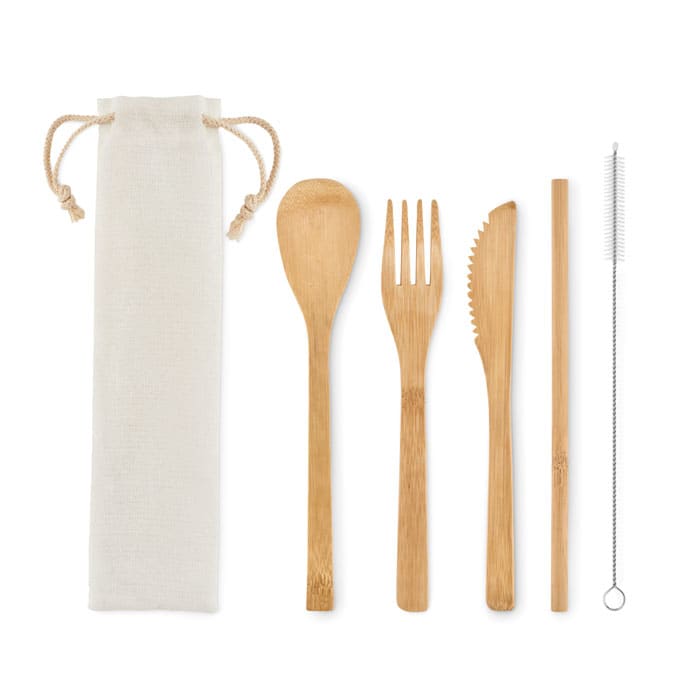 A set of bamboo utensils including a spoon, fork, knife, stirrer, and a cleaning brush in a drawstring bag.