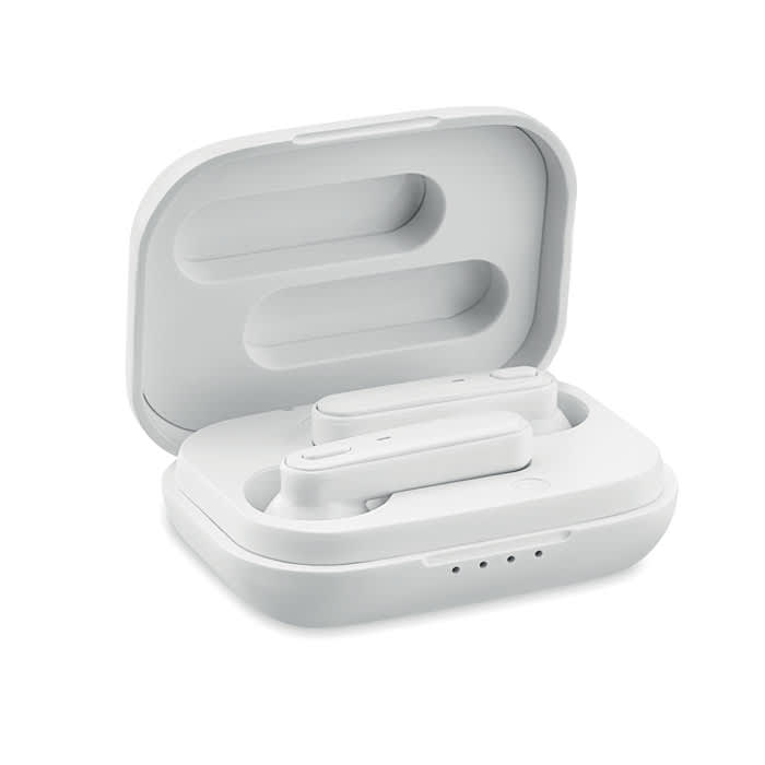 A pair of white wireless earbuds in a charging case. The case is closed and has a sleek design.