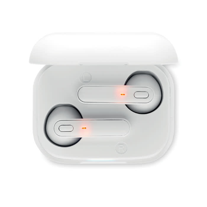 Wireless earphones in a white charging case, with orange indicator lights visible on the earbuds.