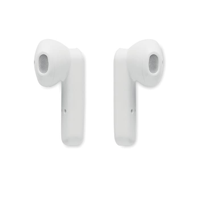 A pair of white wireless earbuds with a sleek design and a mesh speaker grille. The product has branding on the side.
