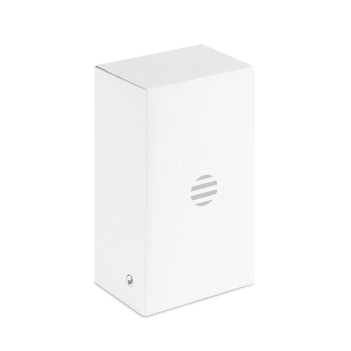 A promotional product box in white with a simple circular design and no visible branding.