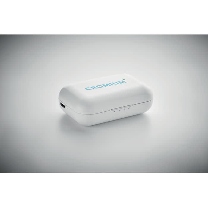 A charging case in white with a logo on top and a USB-C port at the bottom.