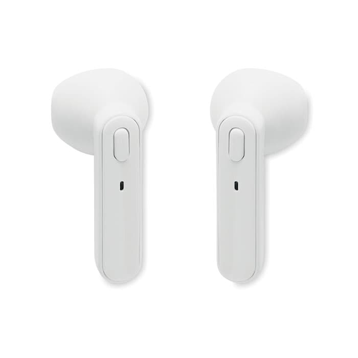 Two pairs of white wireless earphones with a minimalist design and integrated buttons.