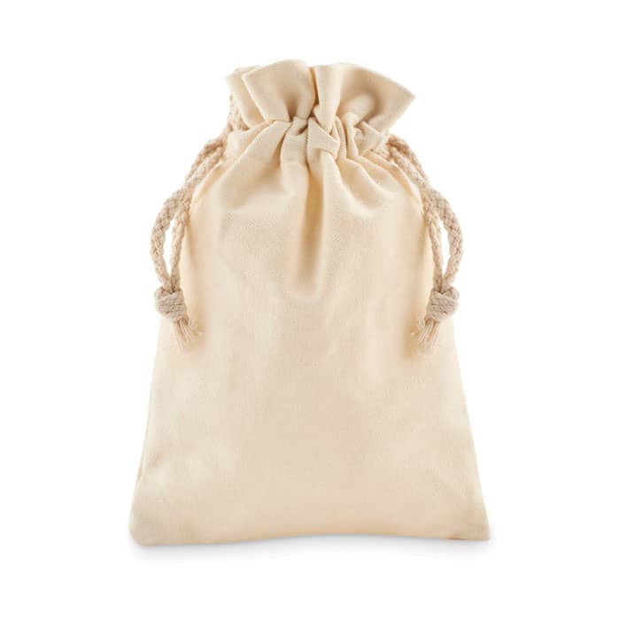 A drawstring bag in a natural cream colour, featuring a rope closure at the top.