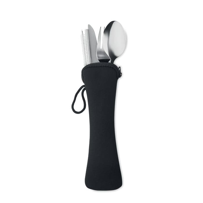 A set of stainless steel cutlery including a knife, fork, and spoon in a black neoprene case.